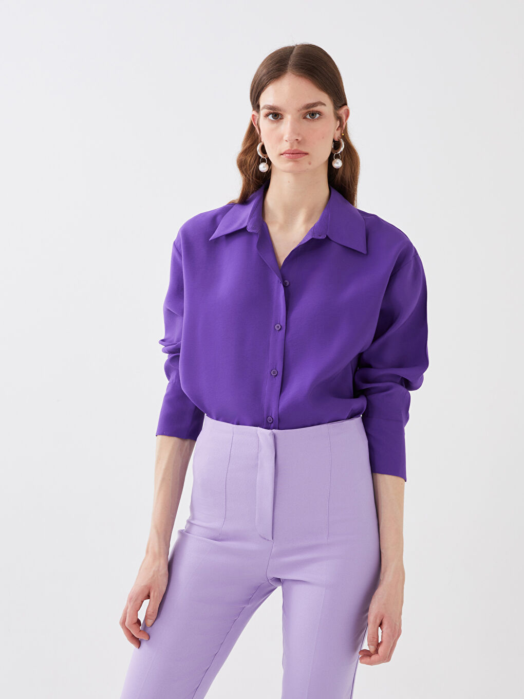 Mor Düz Uzun Kollu Oversize Kadın Gömlek