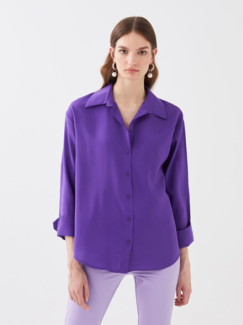 Mor Düz Uzun Kollu Oversize Kadın Gömlek-1