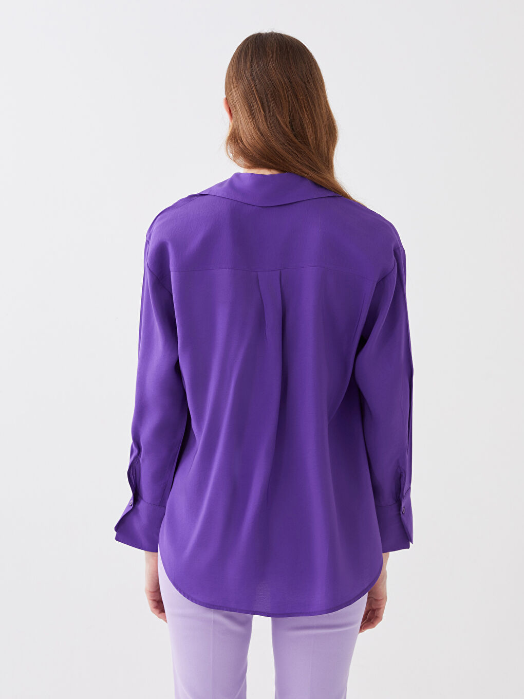Mor Düz Uzun Kollu Oversize Kadın Gömlek-4