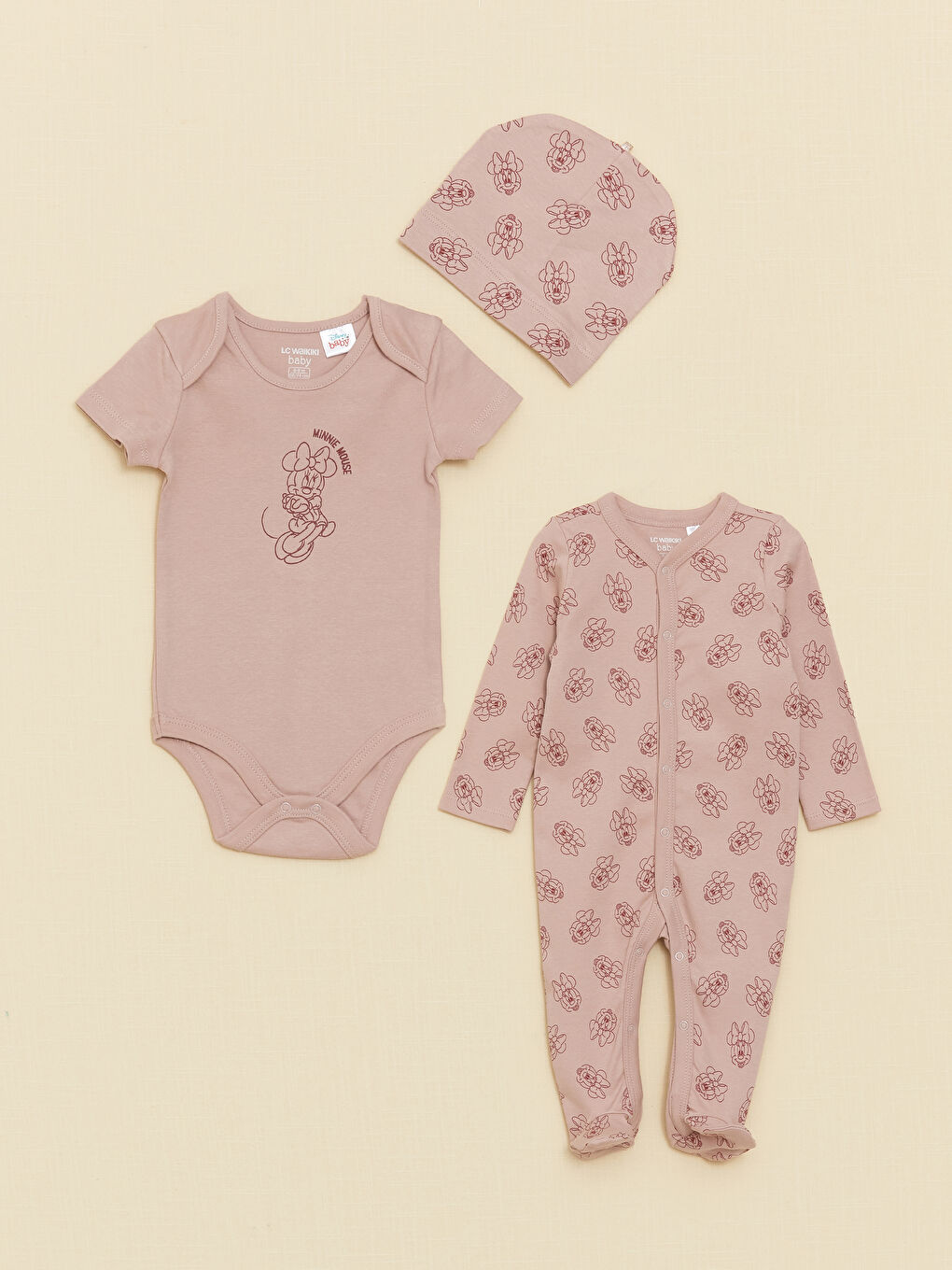 LCW baby Crew Neck Long Sleeve Minnie Mouse Printed Baby Girl 3 Pieces Set -S3EL09Z1-LT3