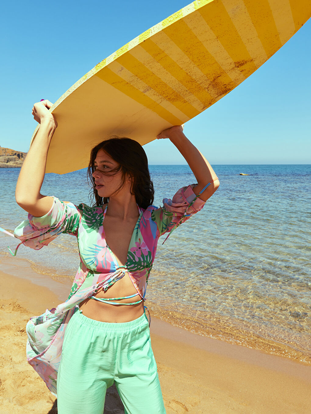 Yeşil Beli Lastikli Düz Aerobin Kadın Pantolon