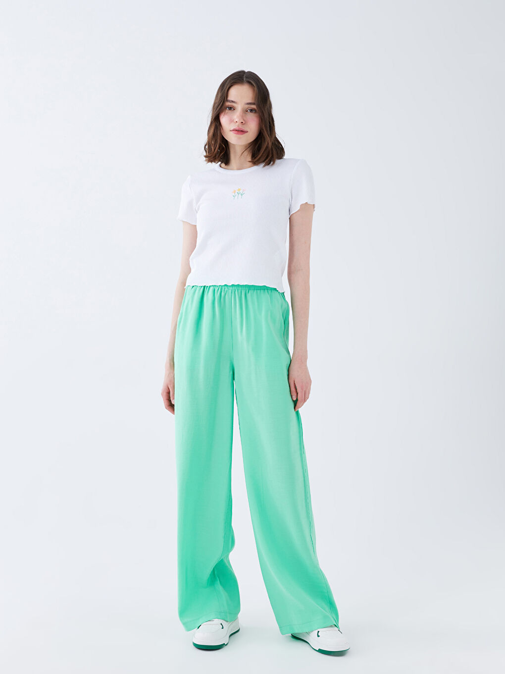 Yeşil Beli Lastikli Düz Aerobin Kadın Pantolon-1