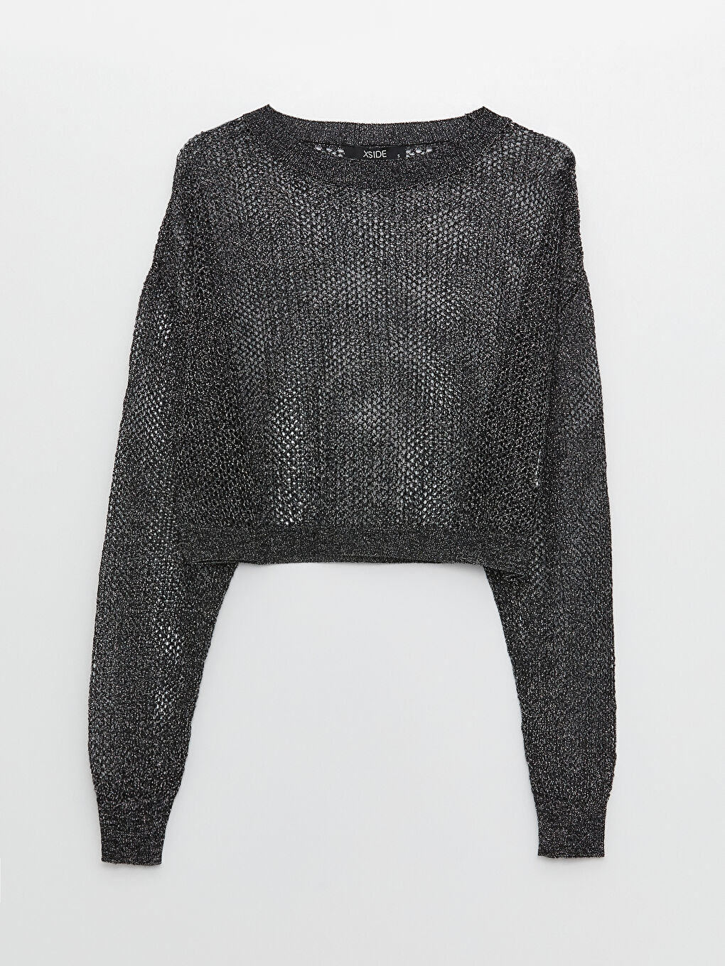 Siyah Bisiklet Yaka Kendinden Desenli Uzun Kollu Kadın Triko Kazak-5