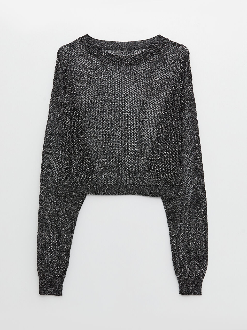 Siyah Bisiklet Yaka Kendinden Desenli Uzun Kollu Kadın Triko Kazak-6