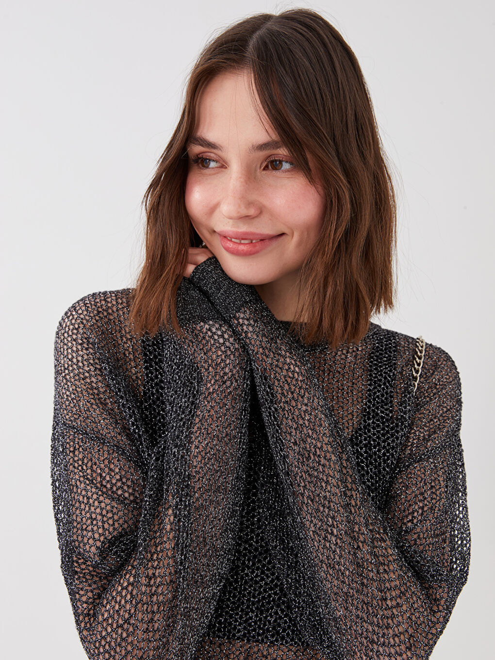 Siyah Bisiklet Yaka Kendinden Desenli Uzun Kollu Kadın Triko Kazak