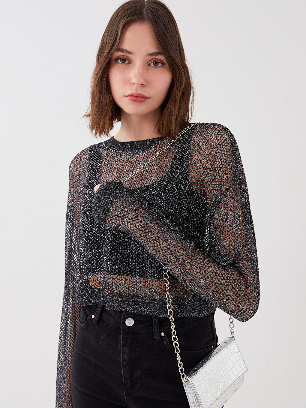 Siyah Bisiklet Yaka Kendinden Desenli Uzun Kollu Kadın Triko Kazak-1