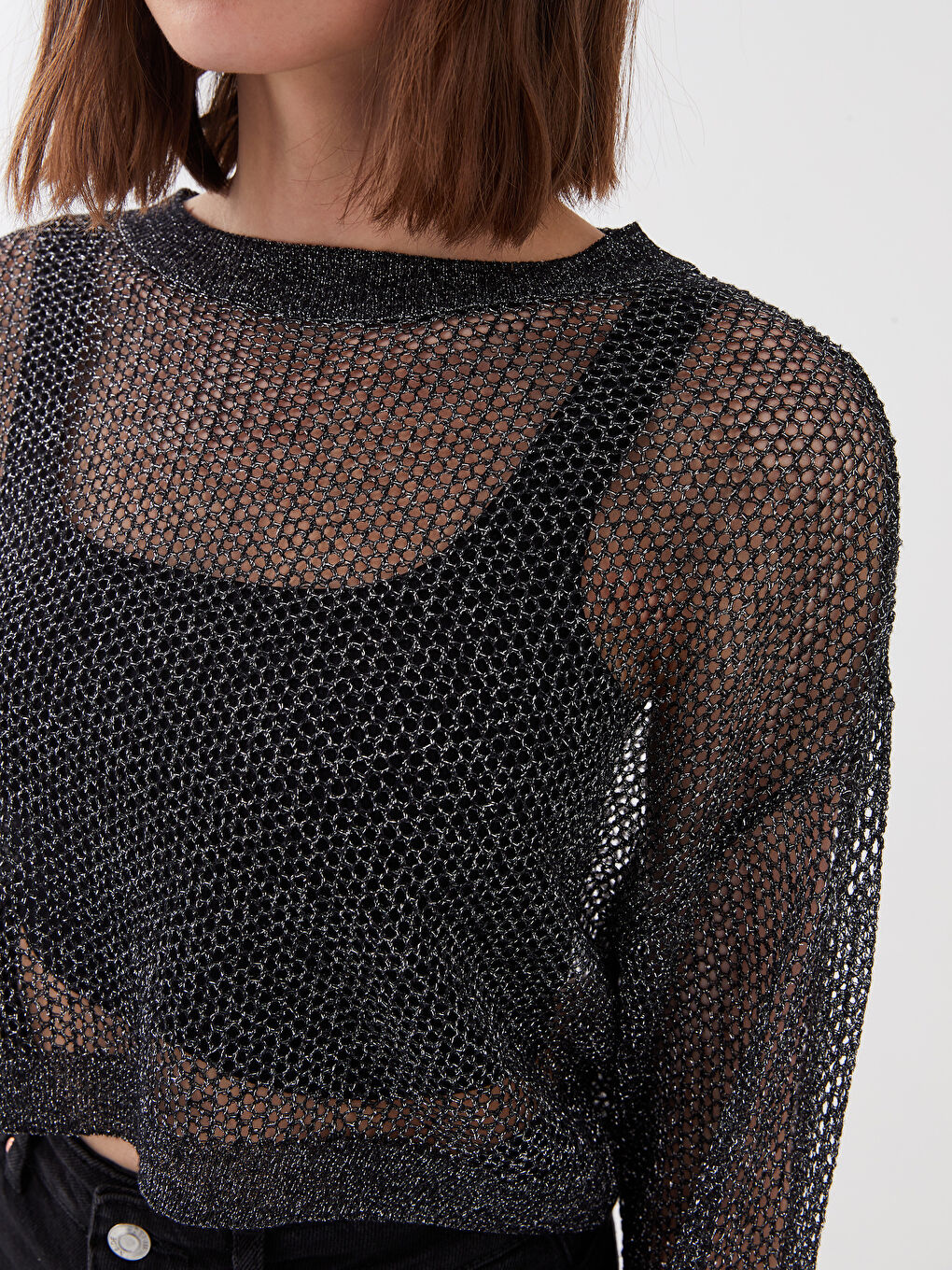 Siyah Bisiklet Yaka Kendinden Desenli Uzun Kollu Kadın Triko Kazak-3