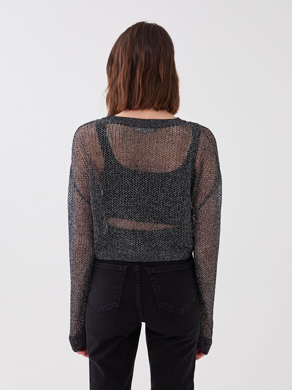 Siyah Bisiklet Yaka Kendinden Desenli Uzun Kollu Kadın Triko Kazak-4