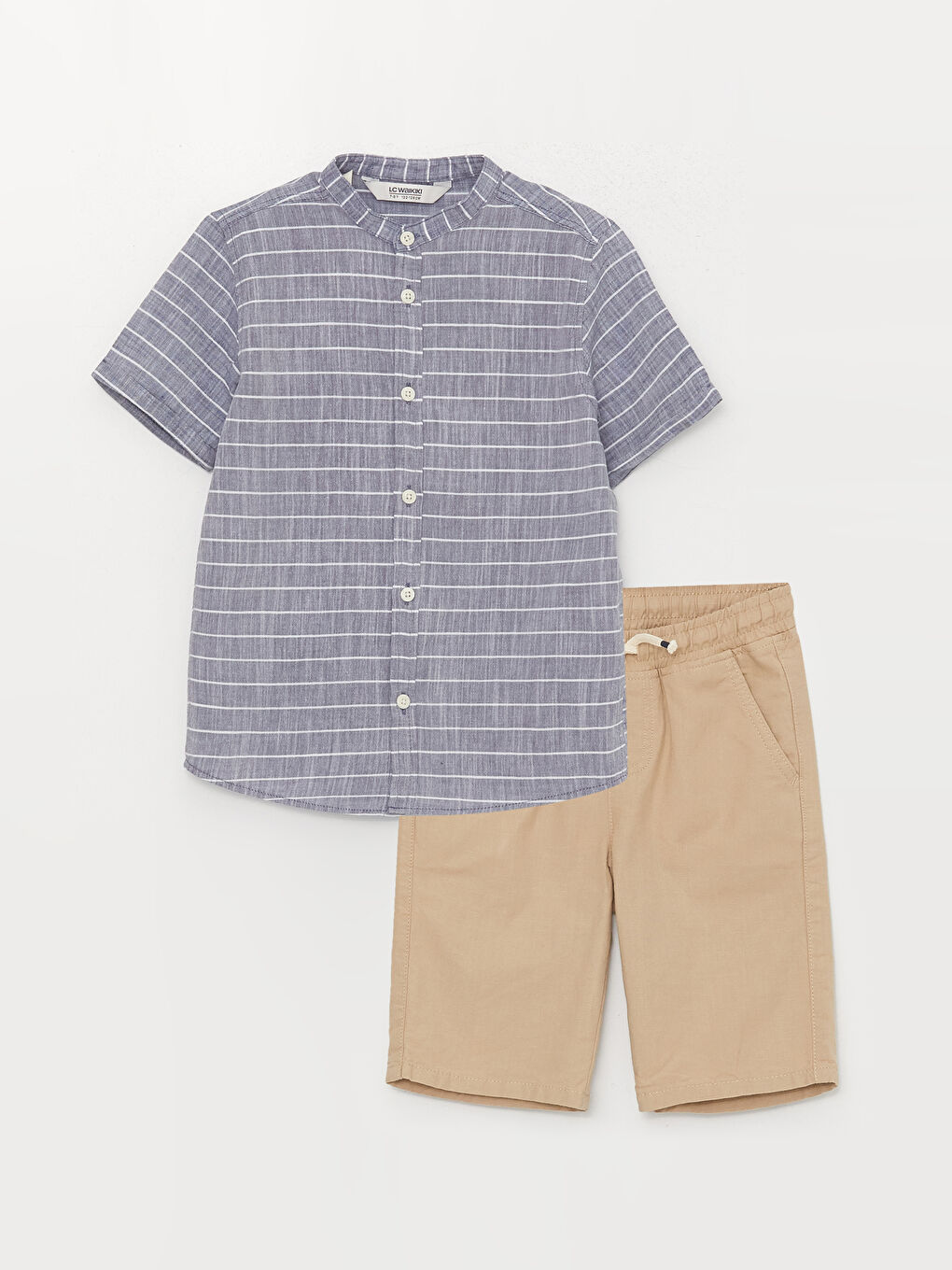 Lacivert Hakim Yaka Çizgili Kısa Kollu Erkek Çocuk Gömlek ve Şort