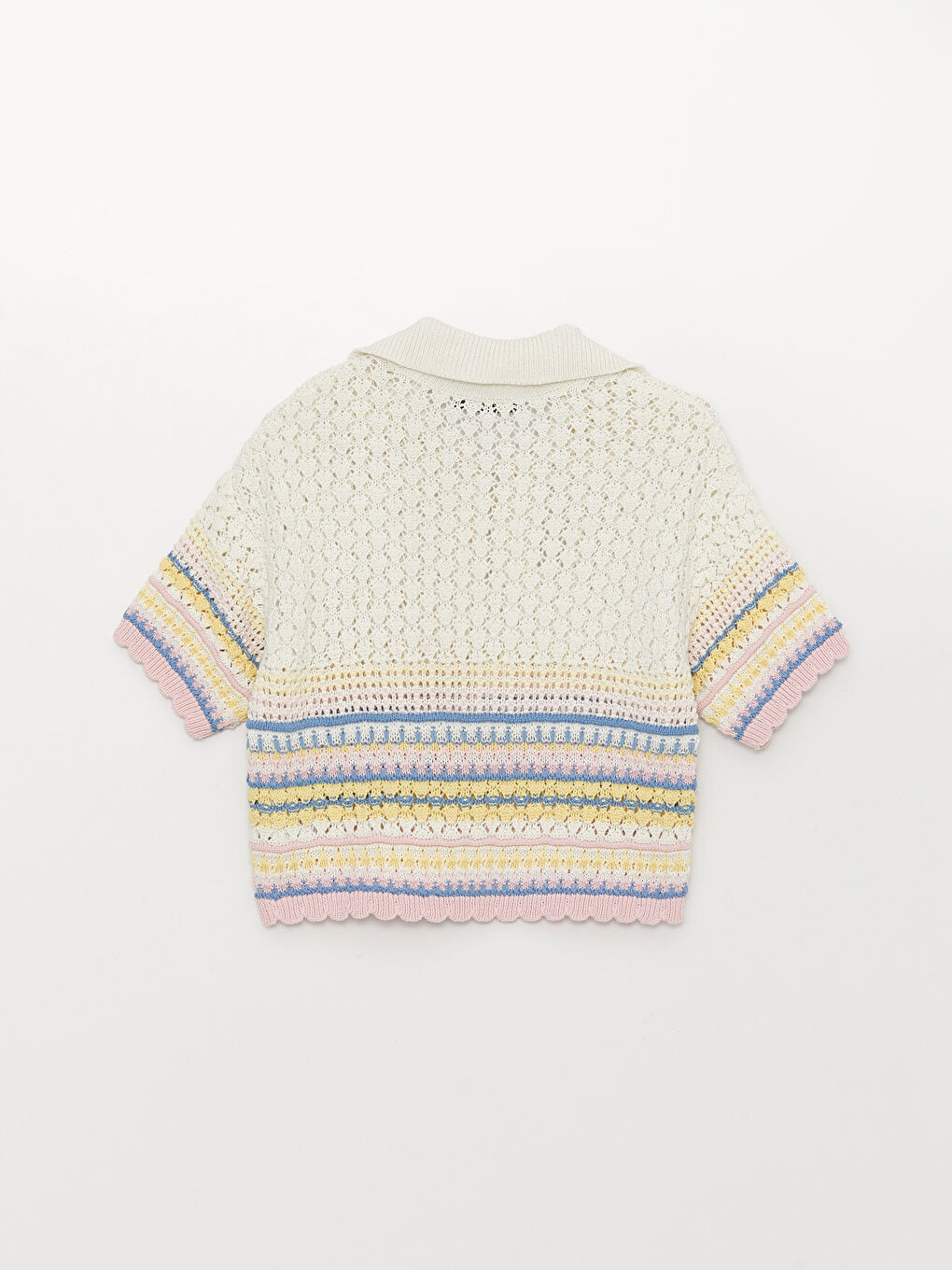 Ekru Polo Yaka Desenli Kısa Kollu Kadın Triko Kazak-6