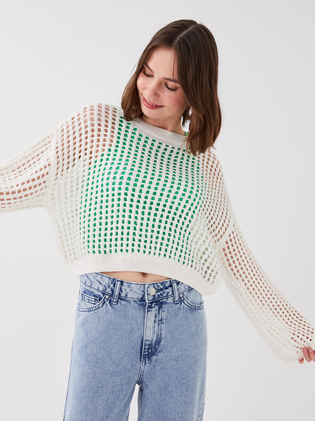 Ekru Bisiklet Yaka Kendinden Desenli Uzun Kollu Crop Kadın Triko Kazak