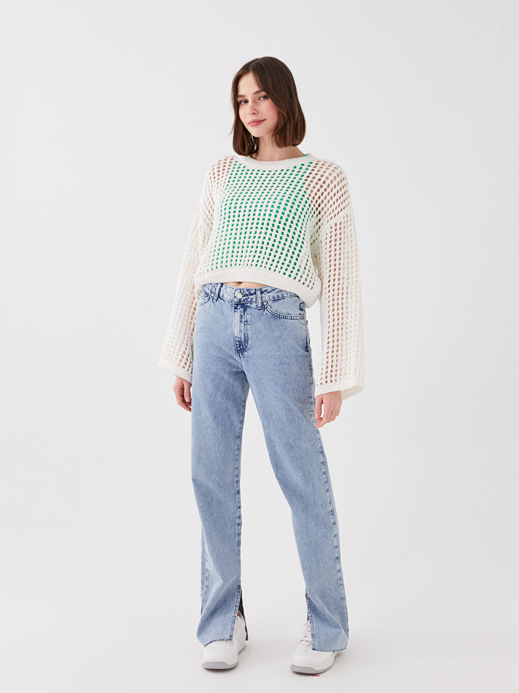 Ekru Bisiklet Yaka Kendinden Desenli Uzun Kollu Crop Kadın Triko Kazak-2