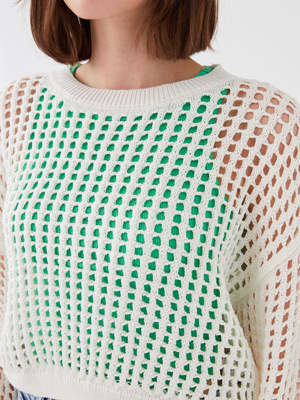 Ekru Bisiklet Yaka Kendinden Desenli Uzun Kollu Crop Kadın Triko Kazak-3