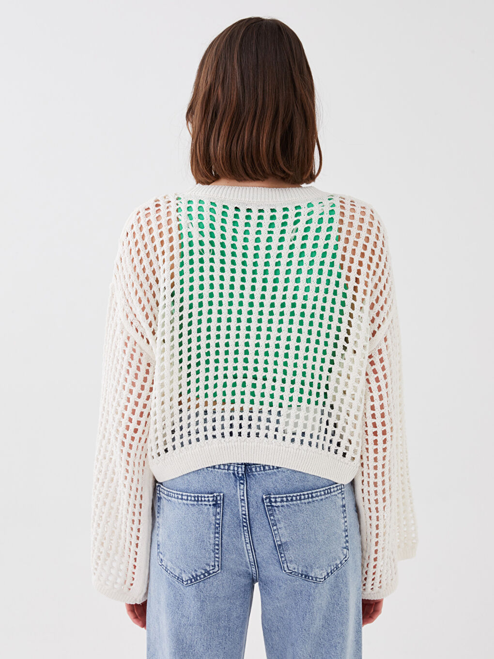 Ekru Bisiklet Yaka Kendinden Desenli Uzun Kollu Crop Kadın Triko Kazak-4