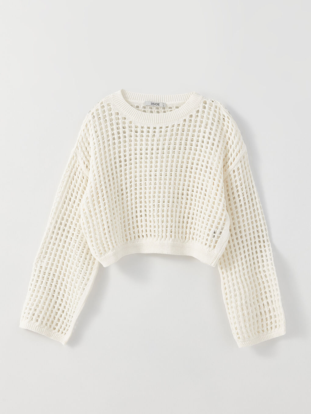 Ekru Bisiklet Yaka Kendinden Desenli Uzun Kollu Crop Kadın Triko Kazak-5