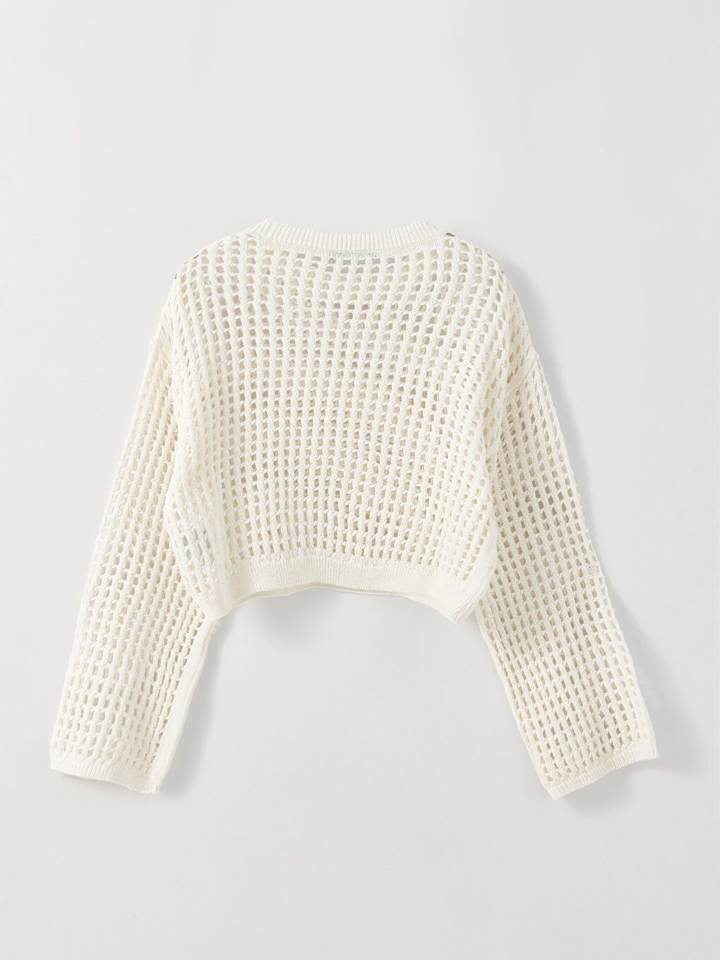 Ekru Bisiklet Yaka Kendinden Desenli Uzun Kollu Crop Kadın Triko Kazak-6