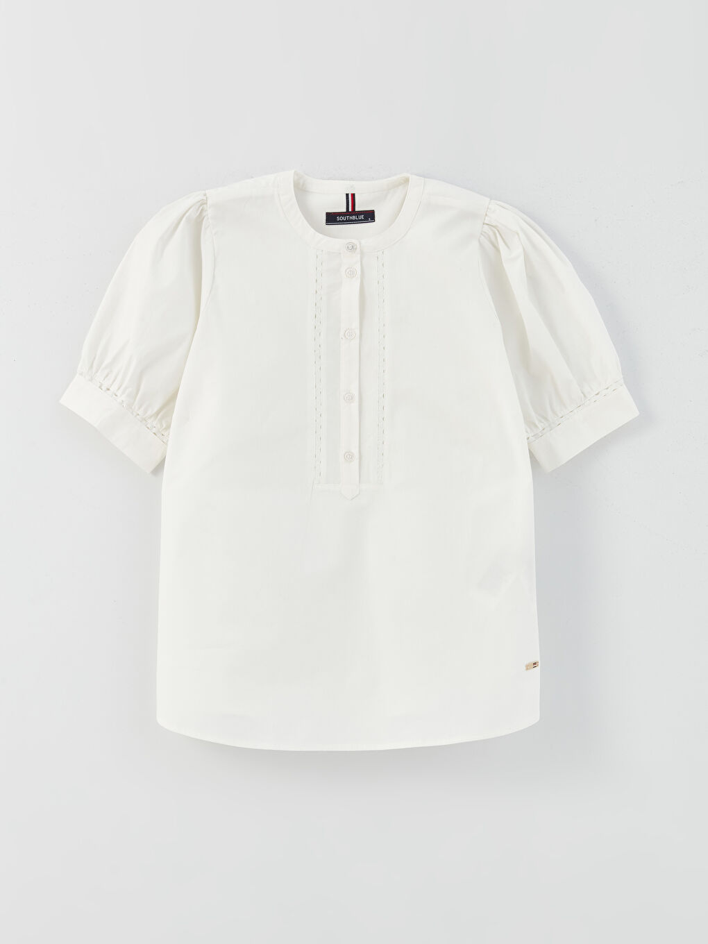 بلوزة بوبلين سادة كم قصير بياقة دائرية للسيدات-5