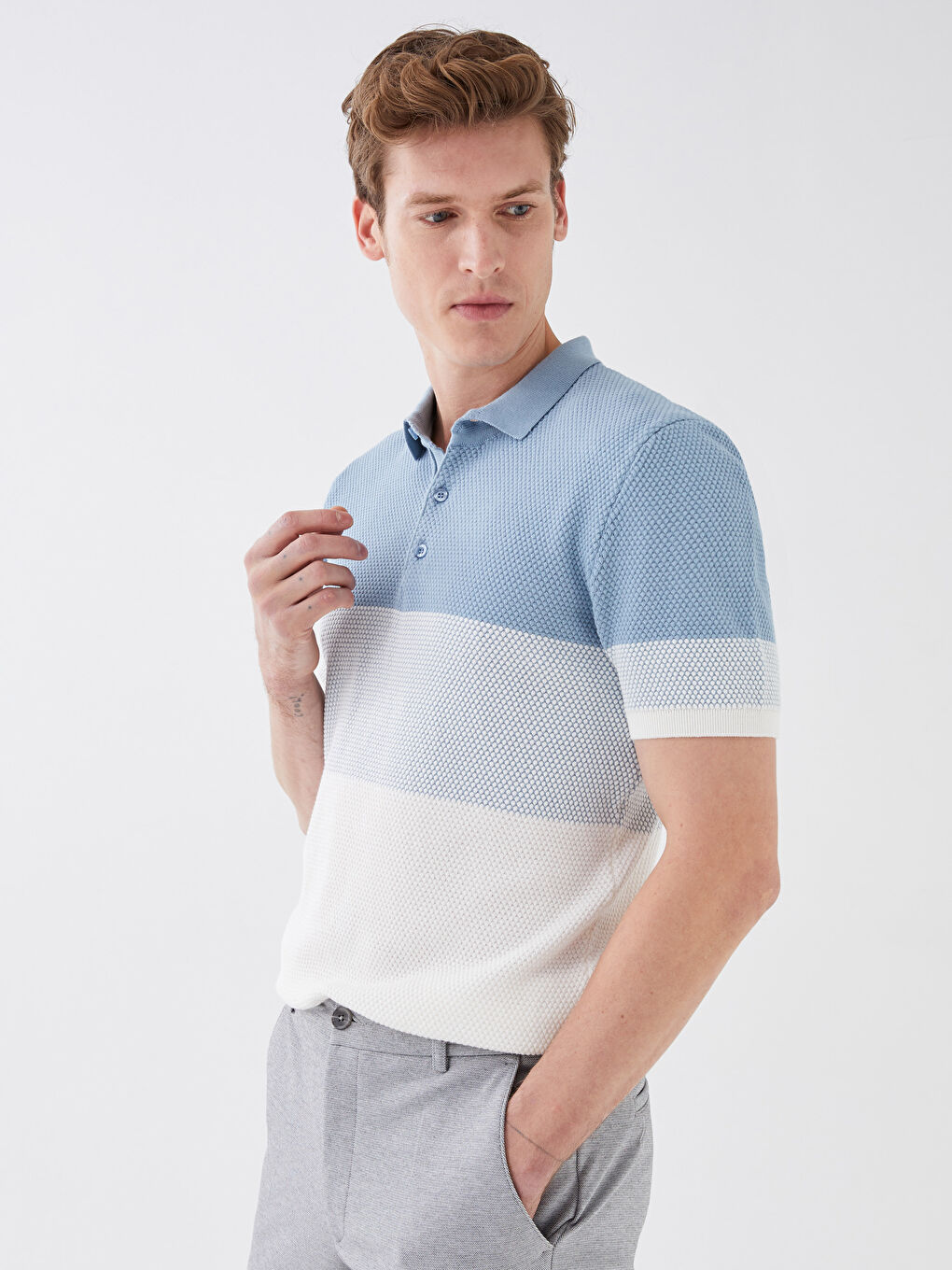 Polo Neck Short Sleeve Color Block Men's Knitwear Sweater