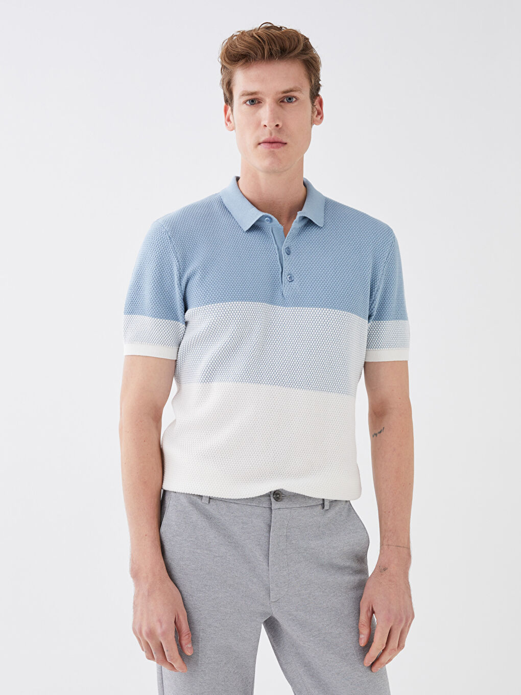 Polo Neck Short Sleeve Color Block Men's Knitwear Sweater-1