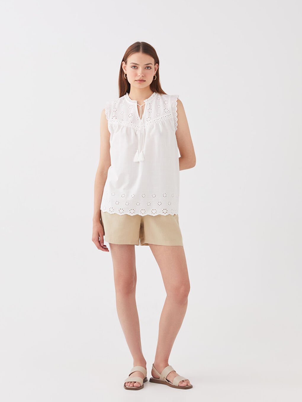 Women's Tie Collar Embroidered Poplin Blouse-2