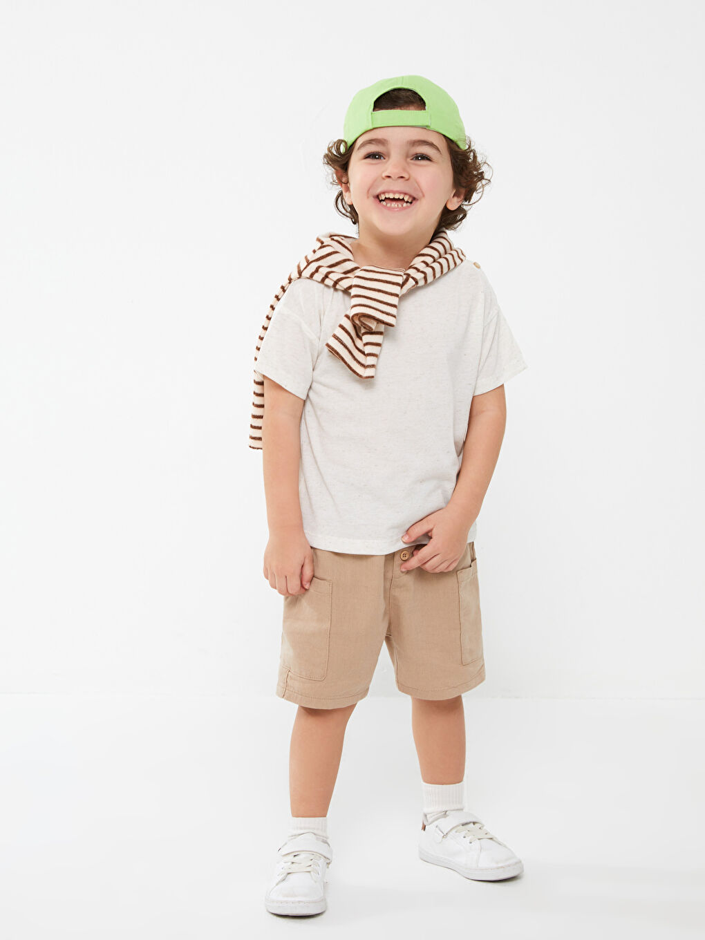 Ekru Bisiklet Yaka Kısa Kollu Erkek Bebek Tişört ve Şort 2'li Takım-1