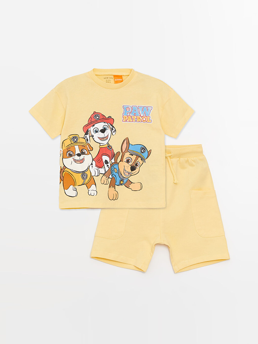 Sarı Bisiklet Yaka Kısa Kollu Paw Patrol Baskılı Erkek Bebek Tişört ve Şort 2'li Takım