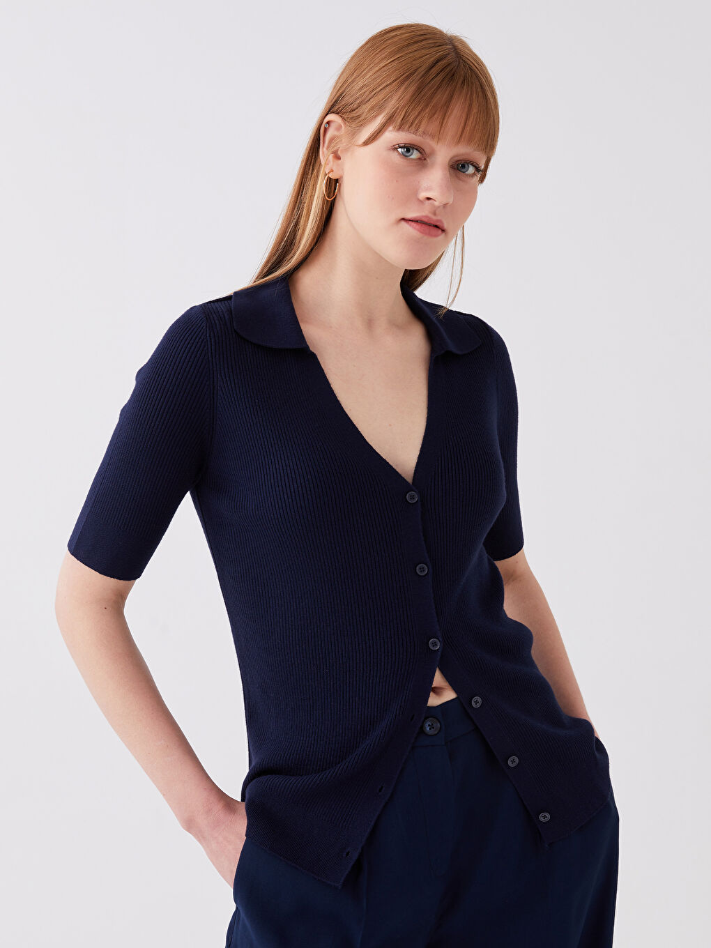 Polo Neck Straight Short Sleeve Women's Knitwear Cardigan -S3EM58Z8-DWP