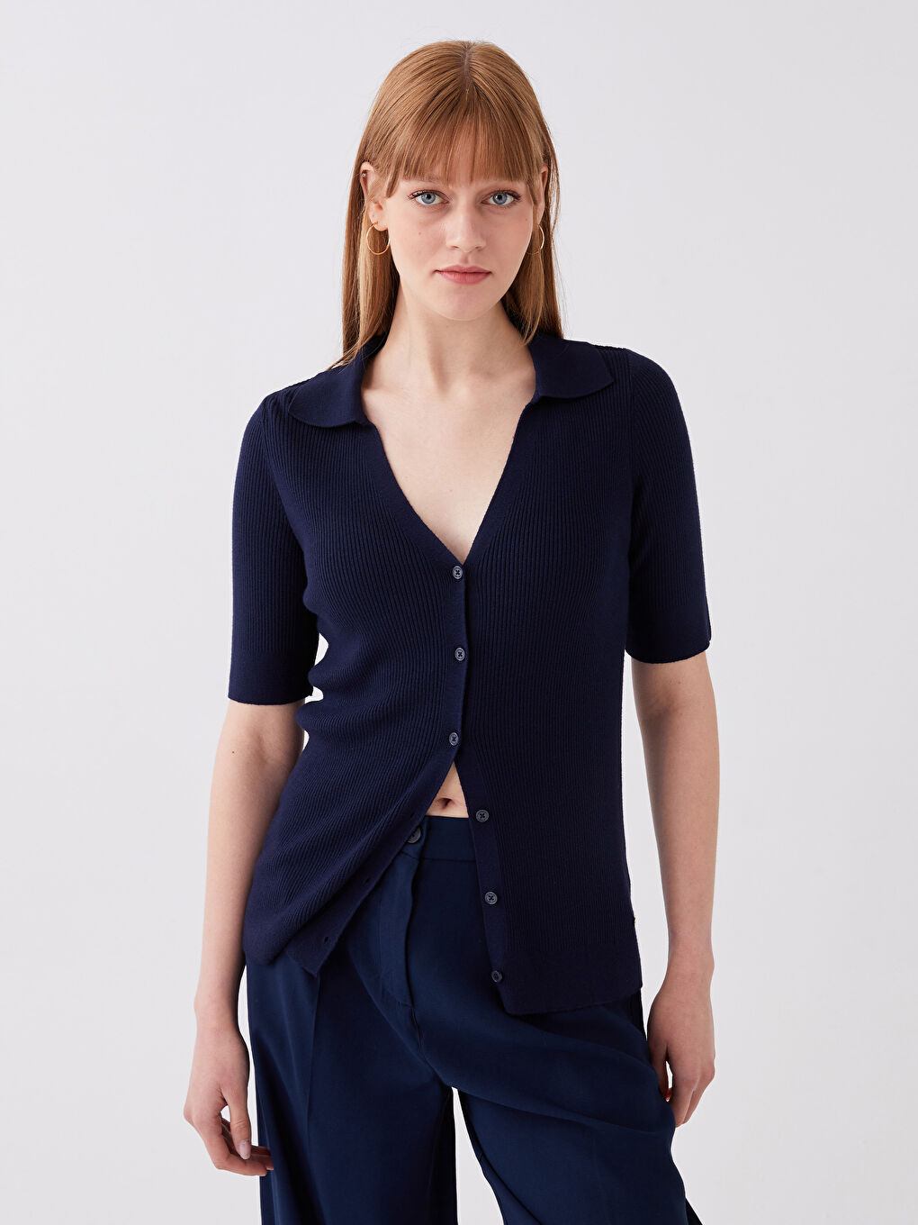 Polo Neck Straight Short Sleeve Women's Knitwear Cardigan -S3EM58Z8-DWP