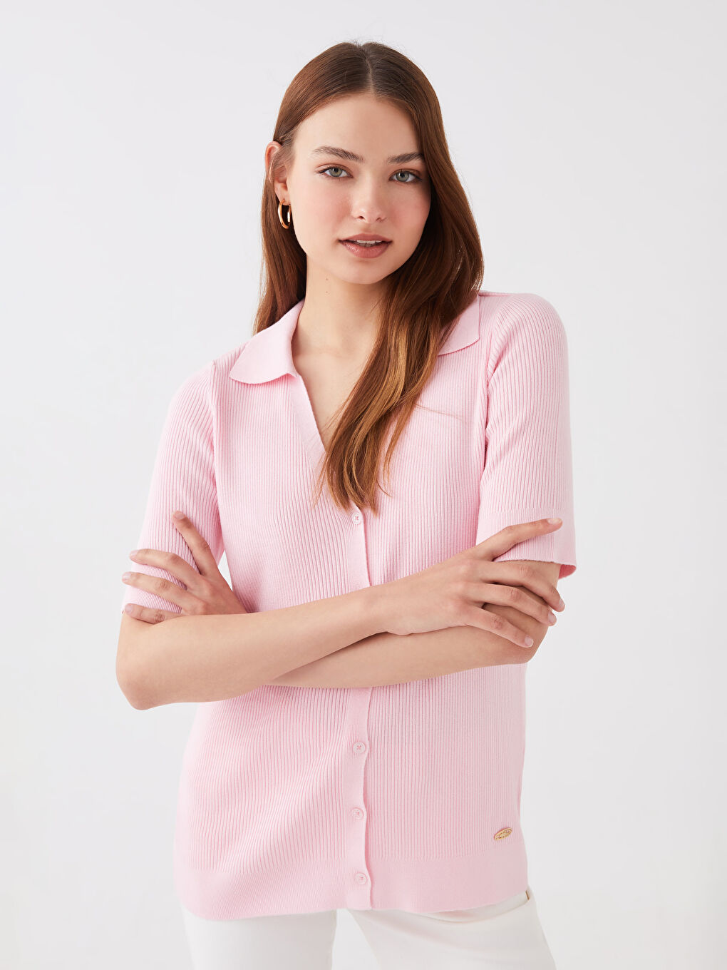 SOUTHBLUE Pembe Polo Yaka Düz Kısa Kollu Kadın Triko Hırka