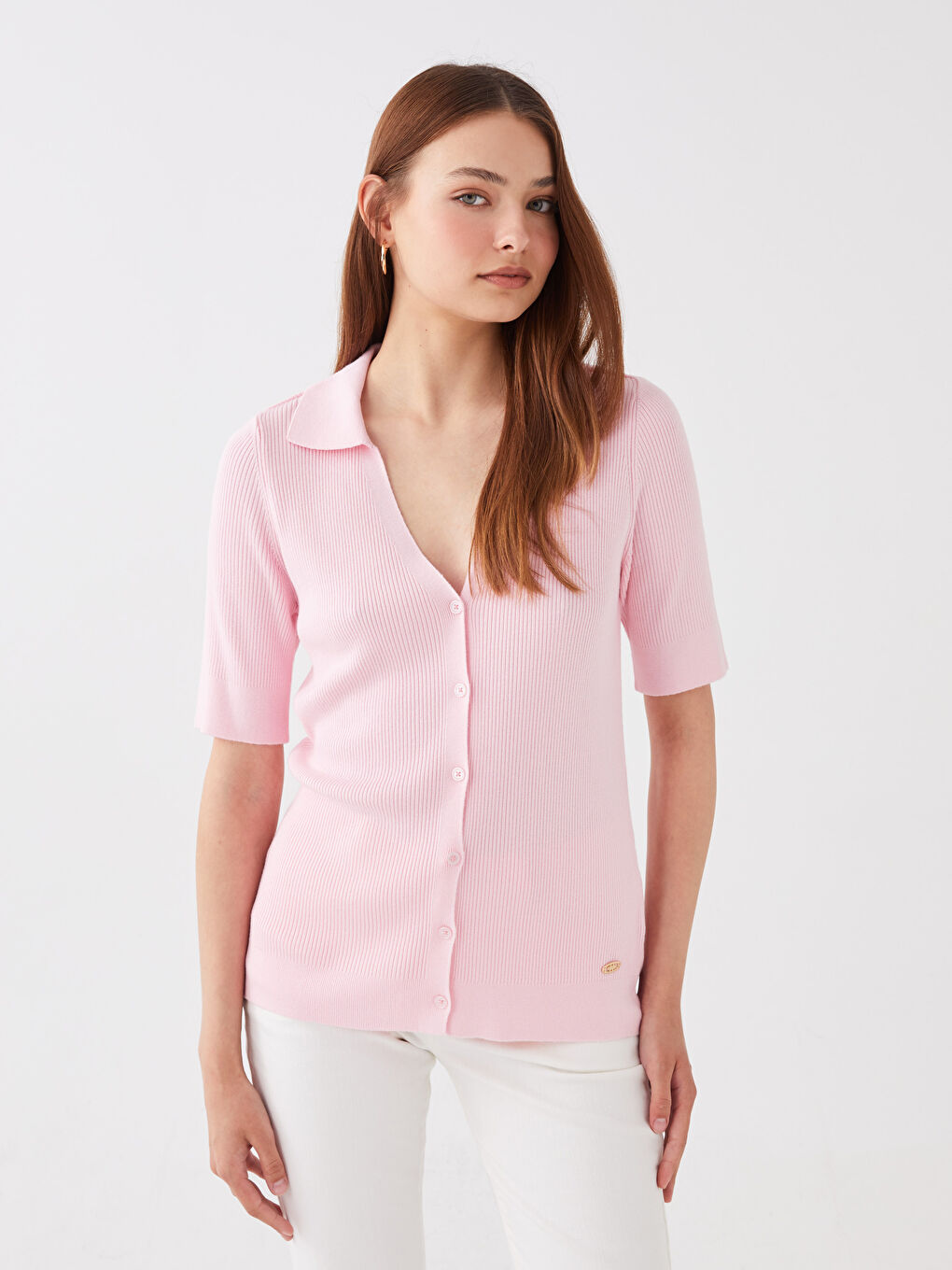 SOUTHBLUE Pembe Polo Yaka Düz Kısa Kollu Kadın Triko Hırka - 1