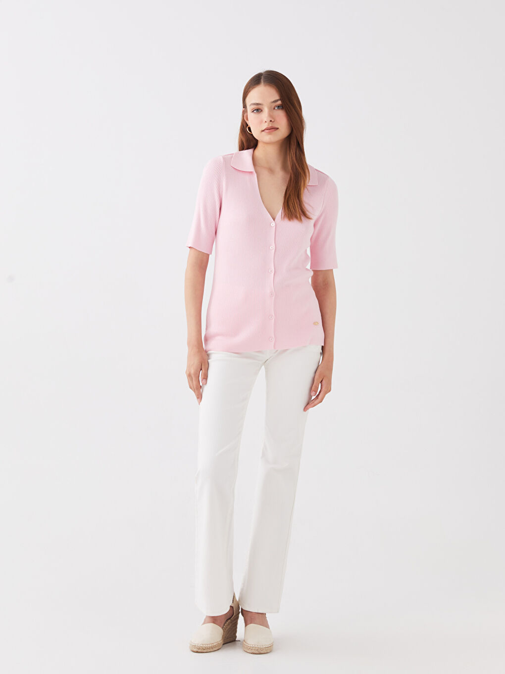 SOUTHBLUE Pembe Polo Yaka Düz Kısa Kollu Kadın Triko Hırka - 2