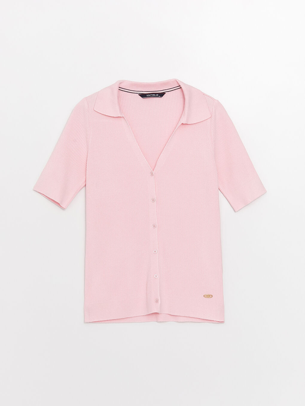 SOUTHBLUE Pembe Polo Yaka Düz Kısa Kollu Kadın Triko Hırka - 5