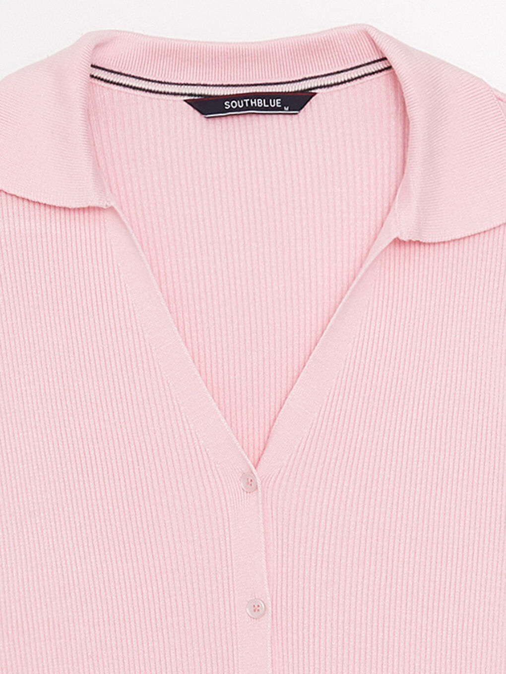 SOUTHBLUE Pembe Polo Yaka Düz Kısa Kollu Kadın Triko Hırka - 7