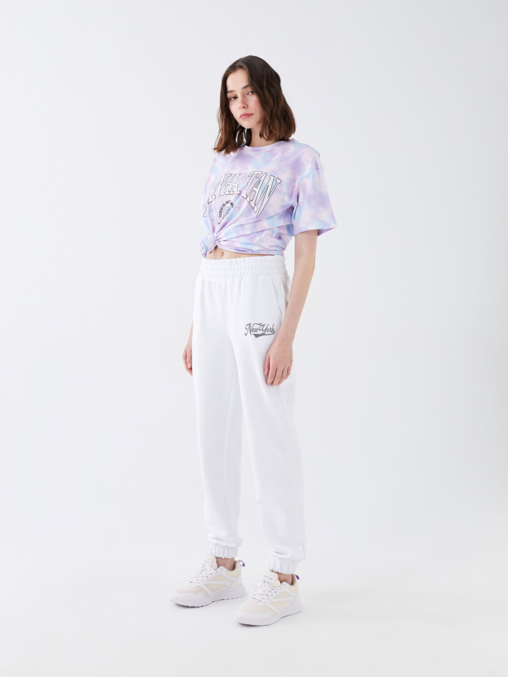 Beyaz Beli Lastikli Baskılı Kadın Jogger Eşofman Altı-1