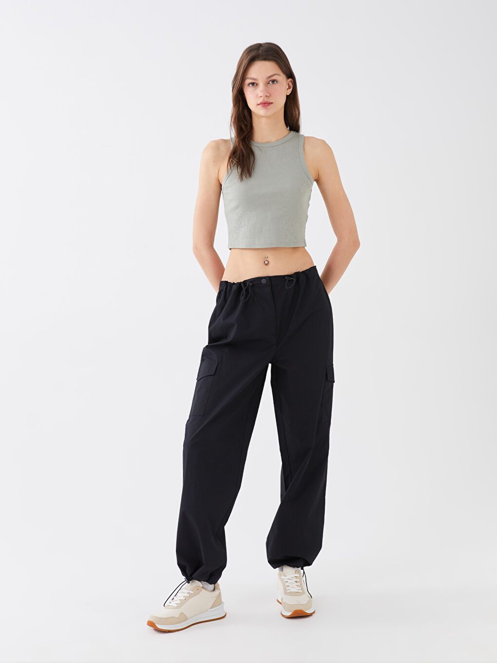 Women's Elasticated Waist Plain Parachute Trousers-1