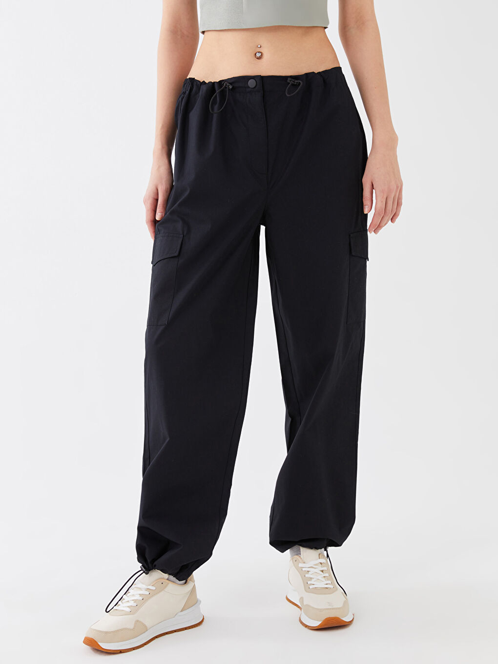 Women's Elasticated Waist Plain Parachute Trousers-3