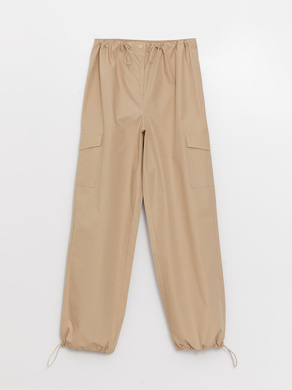 Bej Kadın Beli Lastikli Düz Paraşüt Pantolon-5