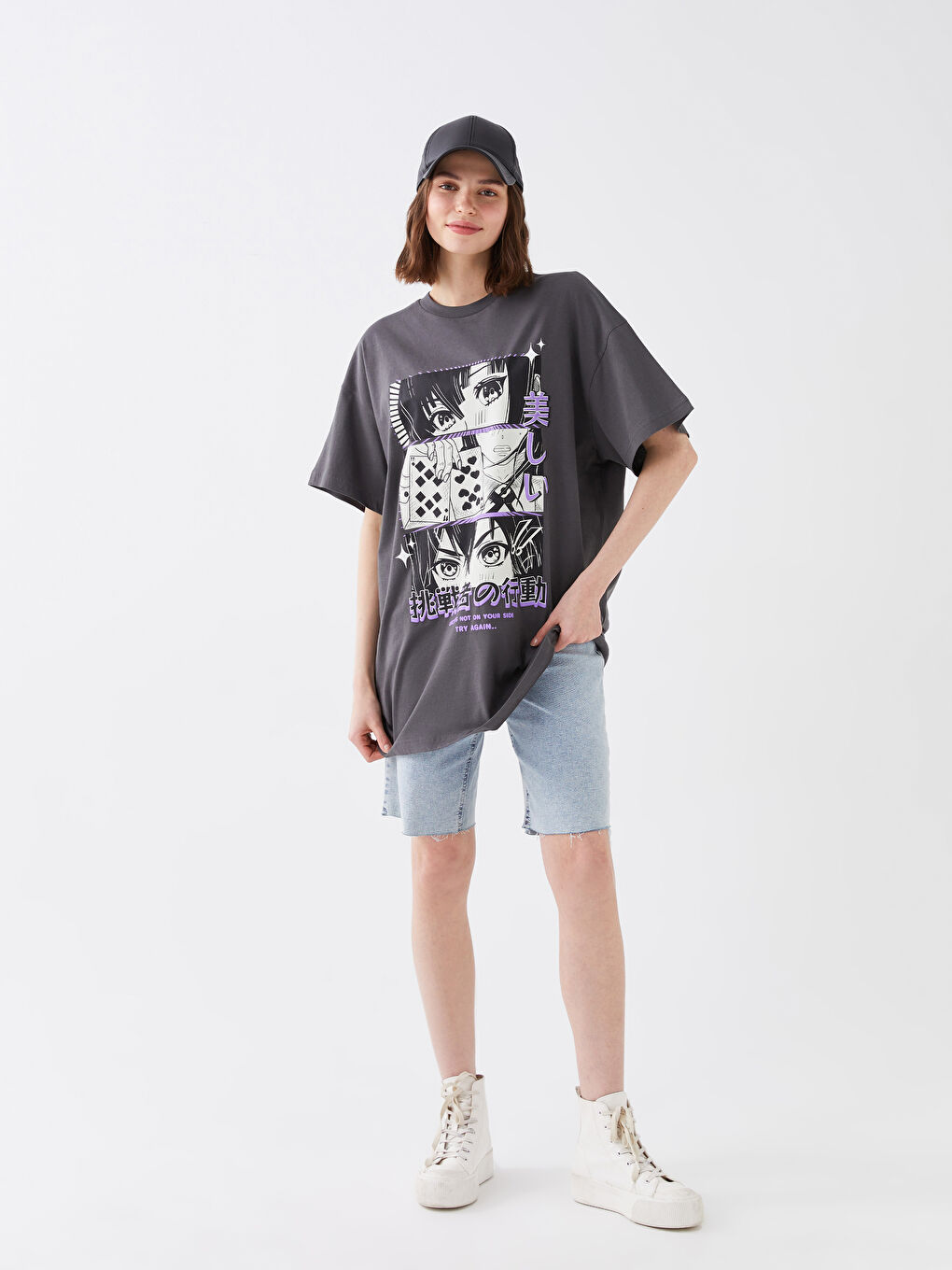 Tricou Supradimensionat cu Mânecă Scurtă și Imprimeu, Guler Rotund pentru Femei-1