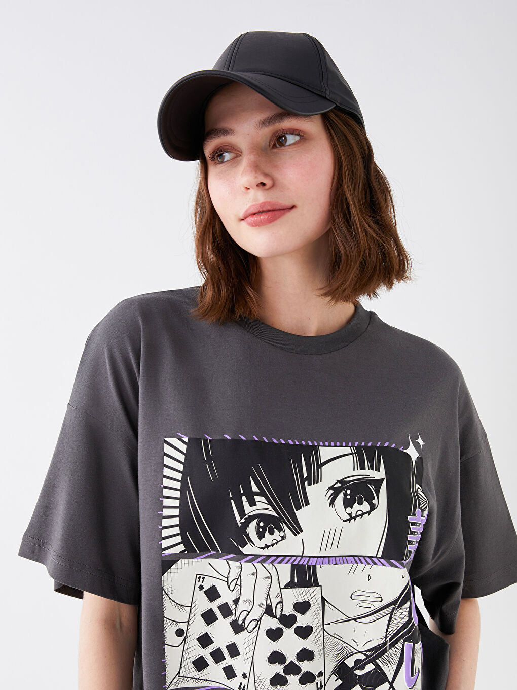 Tricou Supradimensionat cu Mânecă Scurtă și Imprimeu, Guler Rotund pentru Femei-2