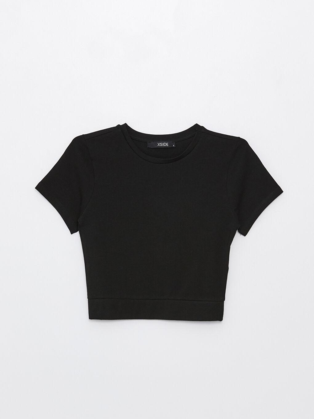 Siyah Bisiklet Yaka Düz Kısa Kollu Kadın Crop-5
