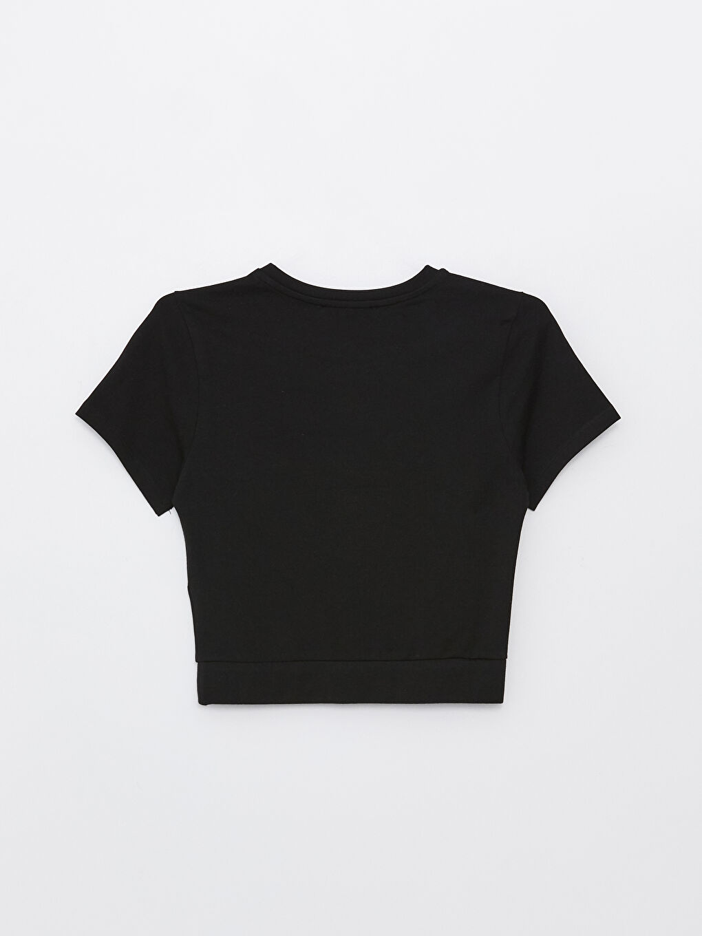 Siyah Bisiklet Yaka Düz Kısa Kollu Kadın Crop-6
