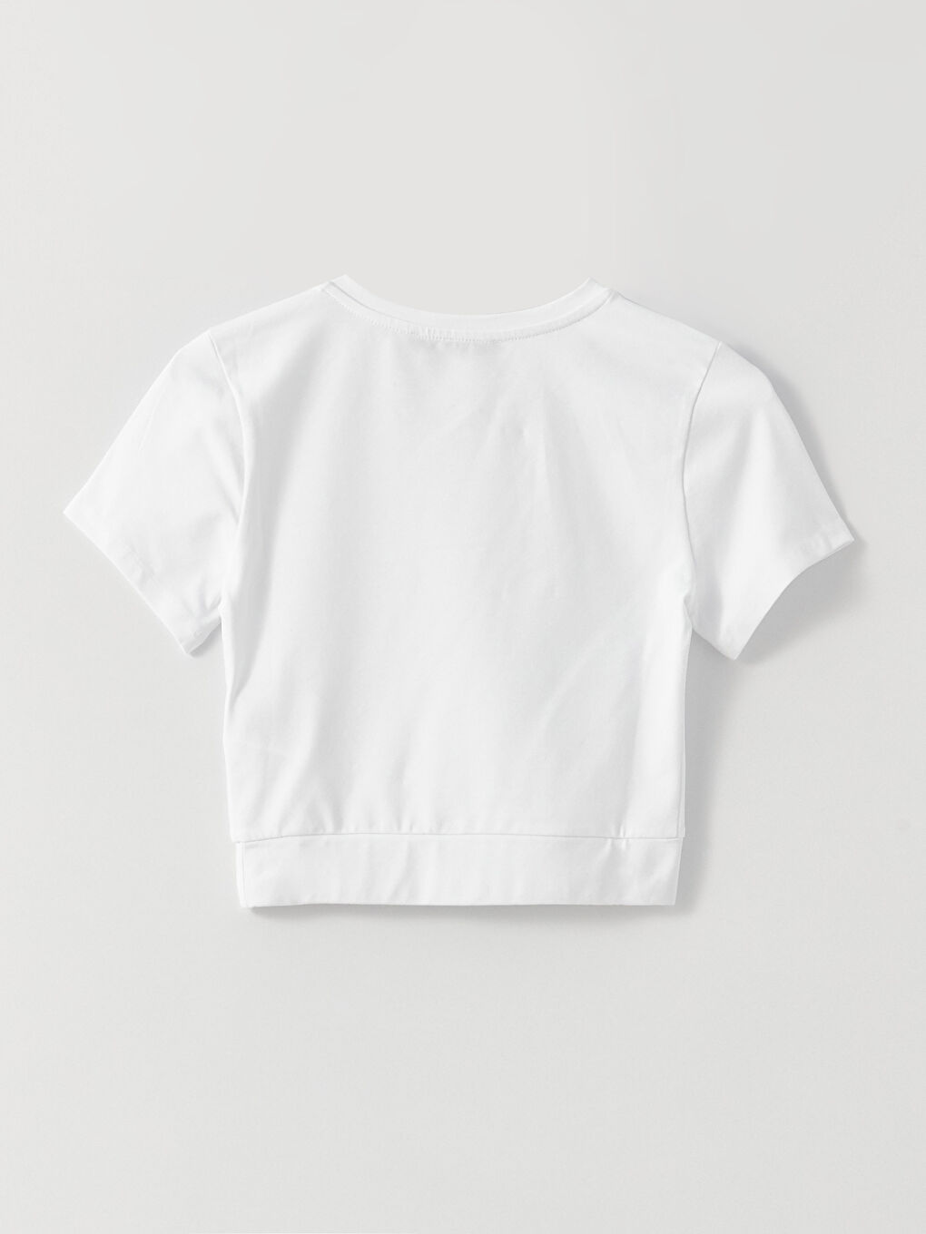 Beyaz Bisiklet Yaka Düz Kısa Kollu Kadın Crop-5
