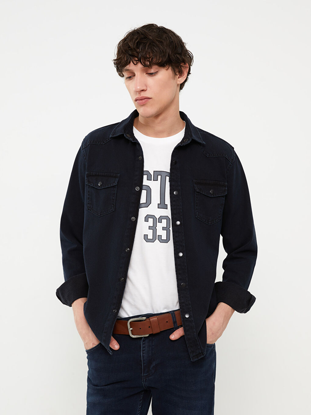 Antrasit Regular Fit Uzun Kollu Erkek Jean Gömlek-1