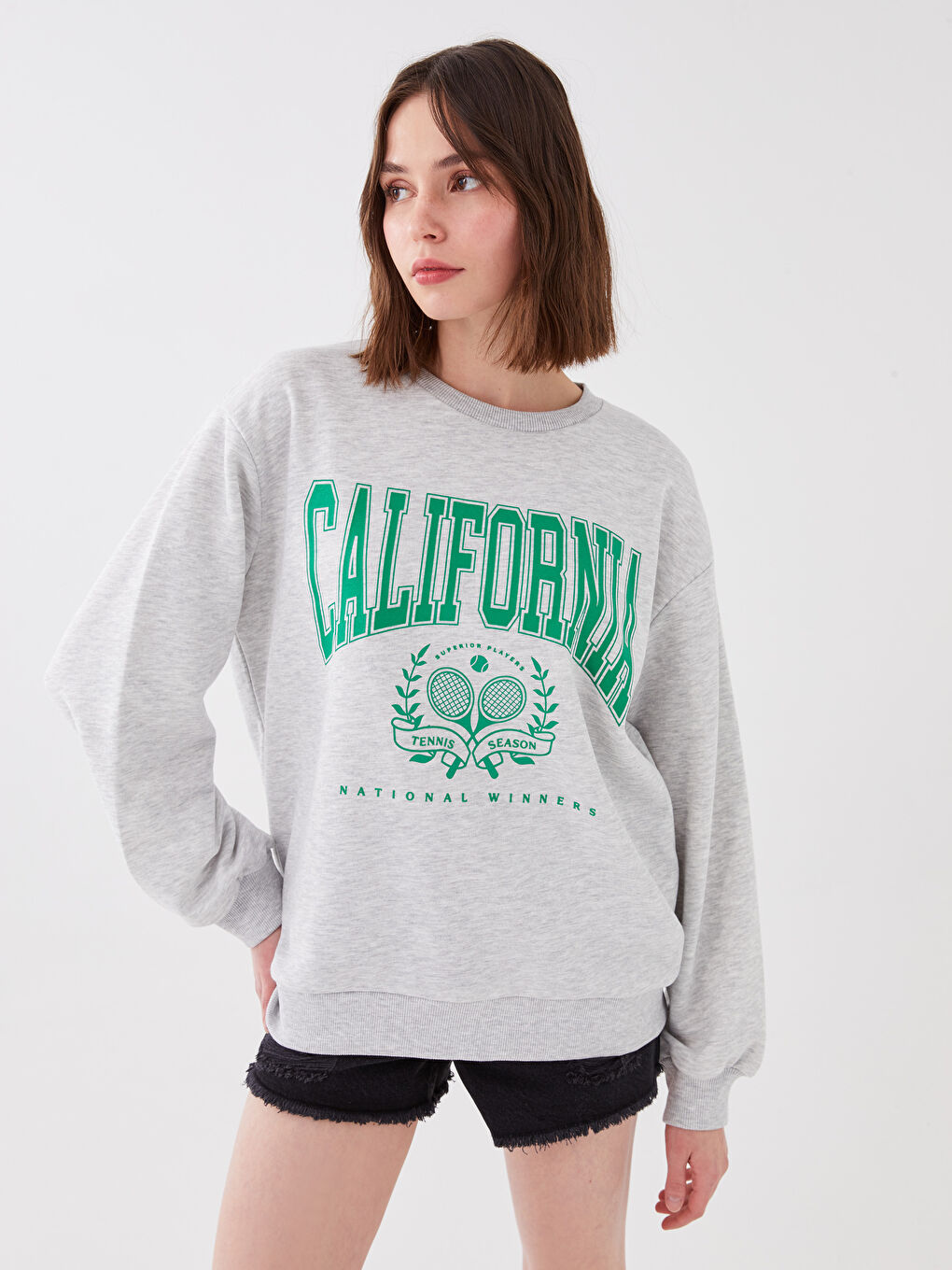 Gri Bisiklet Yaka Baskılı Uzun Kollu Kadın Sweatshirt