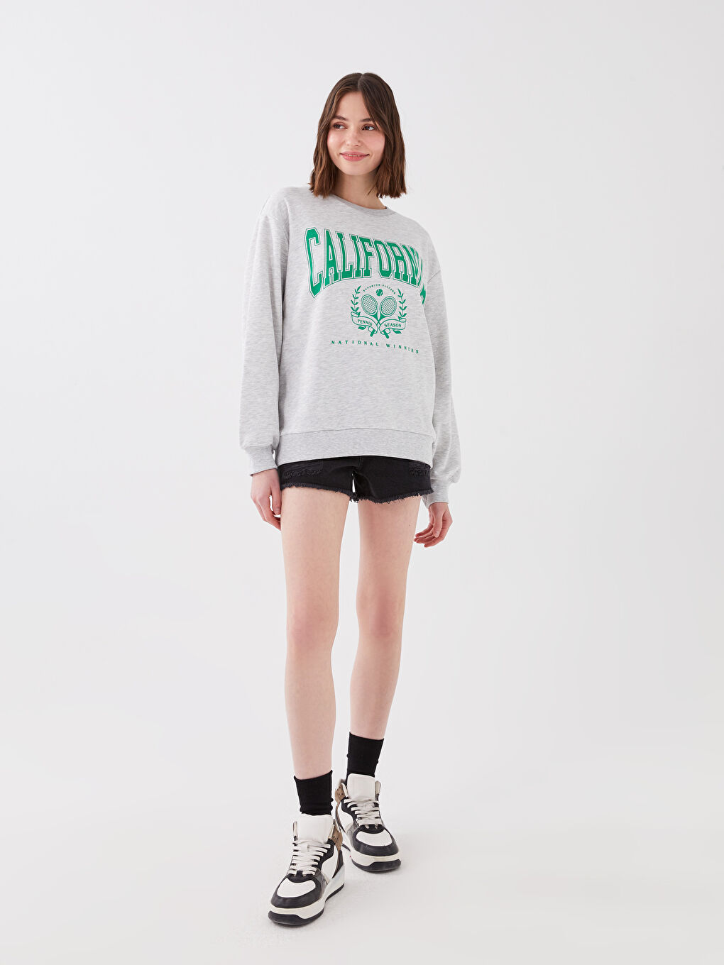 Gri Bisiklet Yaka Baskılı Uzun Kollu Kadın Sweatshirt-2