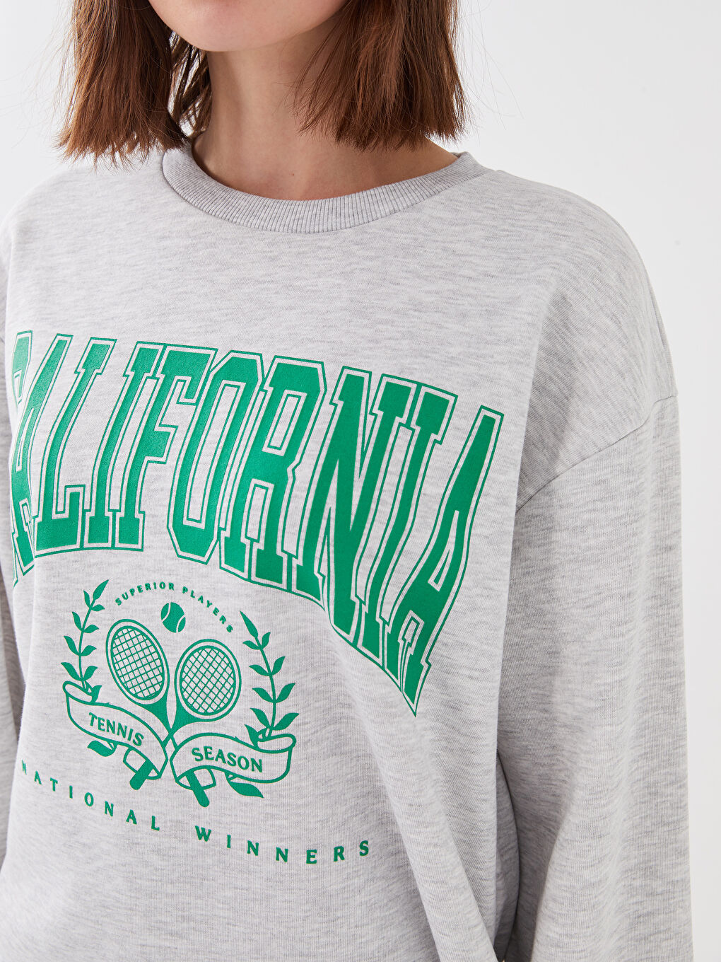 Gri Bisiklet Yaka Baskılı Uzun Kollu Kadın Sweatshirt-3