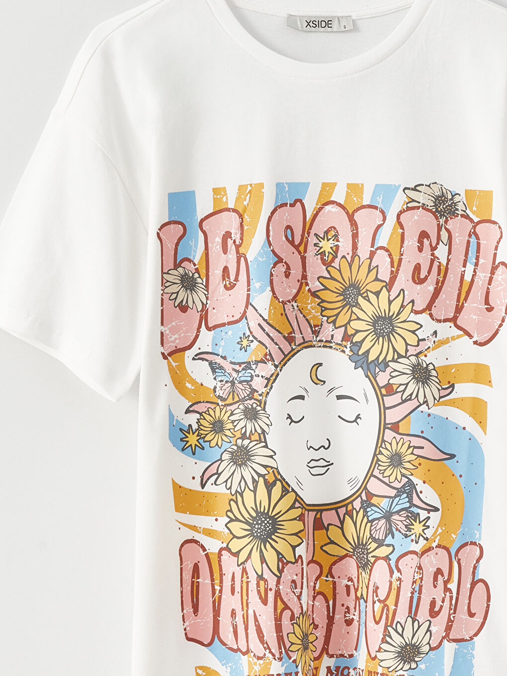 Beyaz Bisiklet Yaka Baskılı Kısa Kollu Kadın Tişört-7