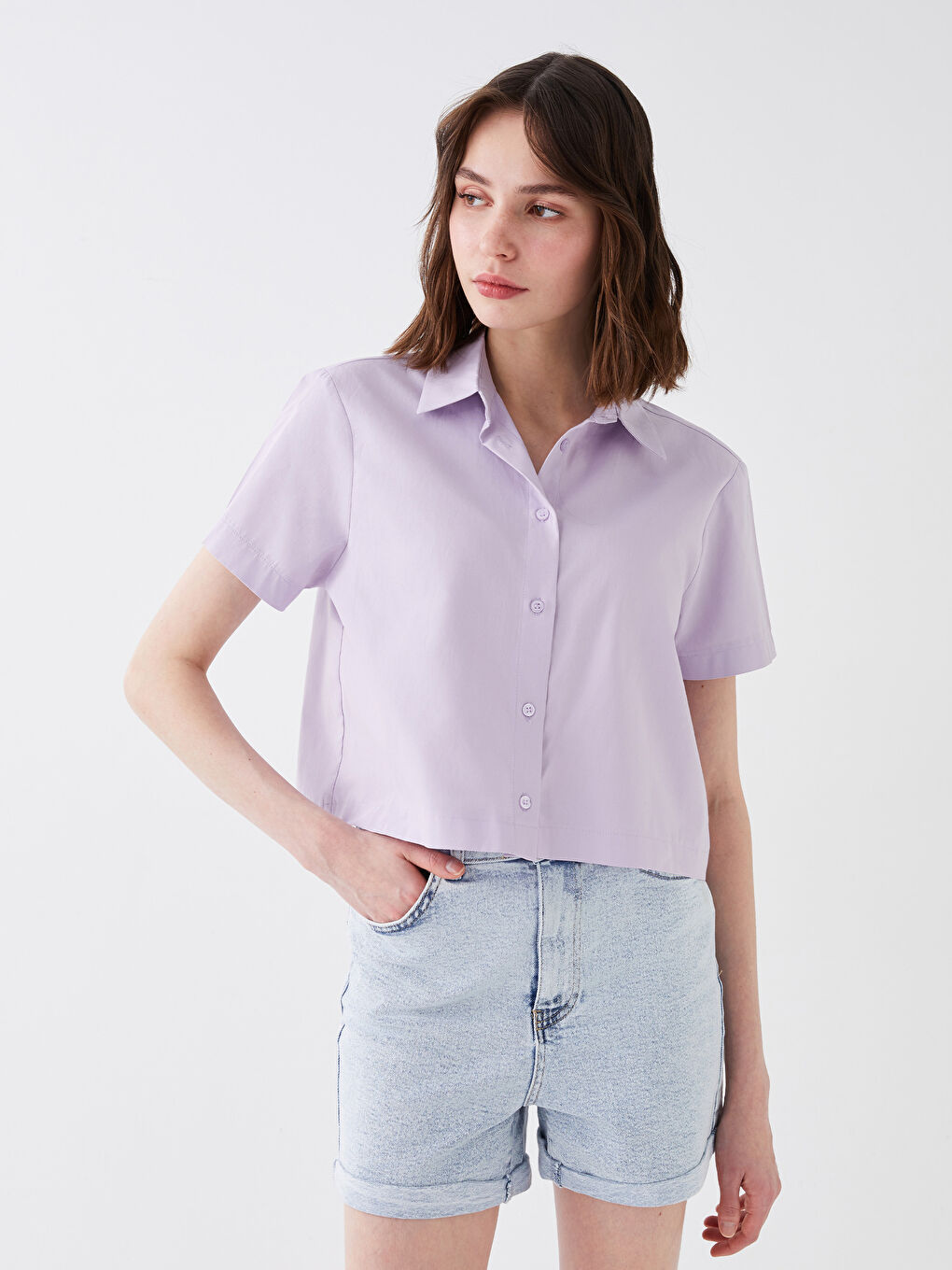 Cămașă Poplin Simplă pentru Femei cu Nasturi în Față