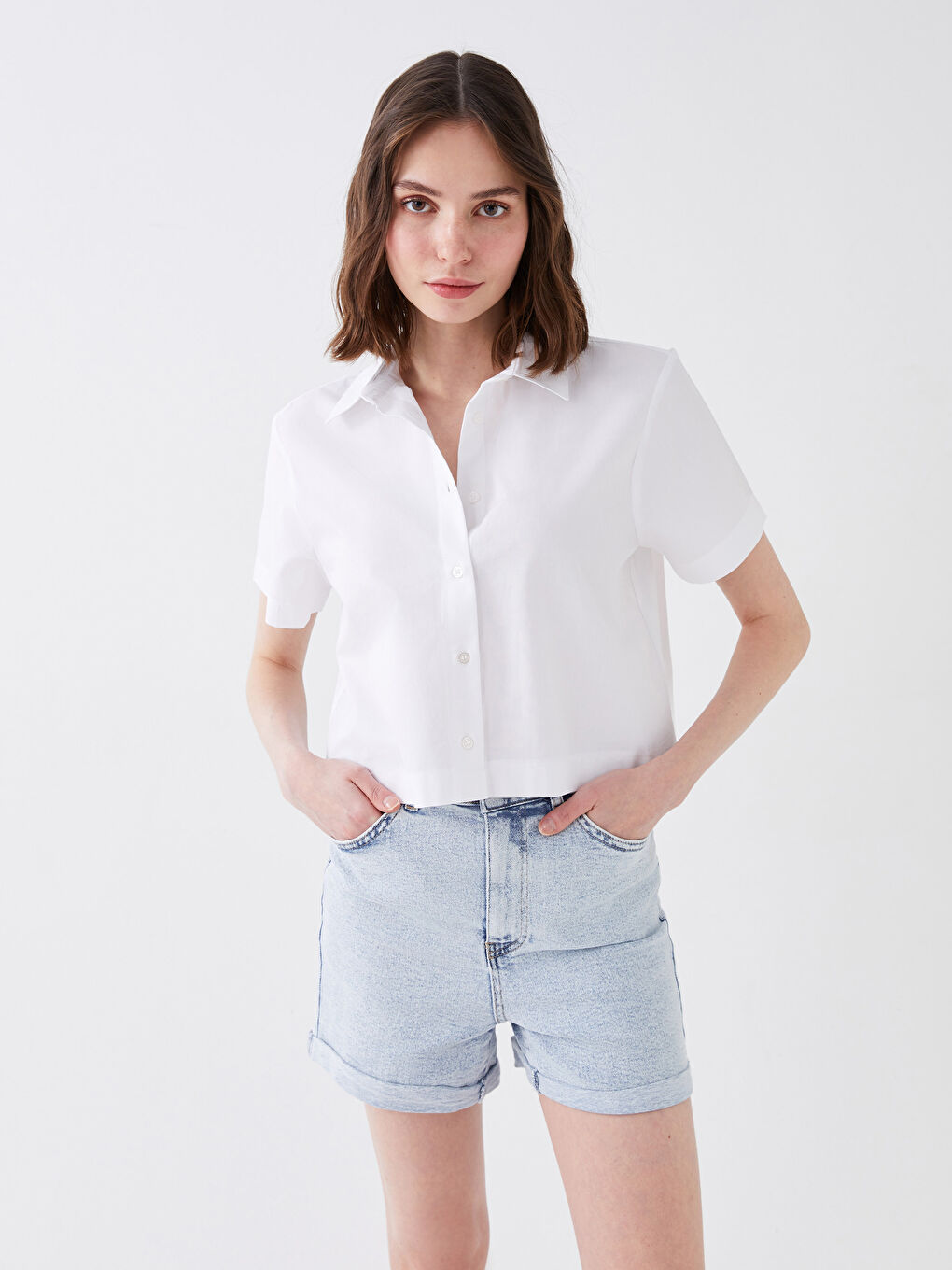 Cămașă Poplin Simplă pentru Femei cu Nasturi în Față-1