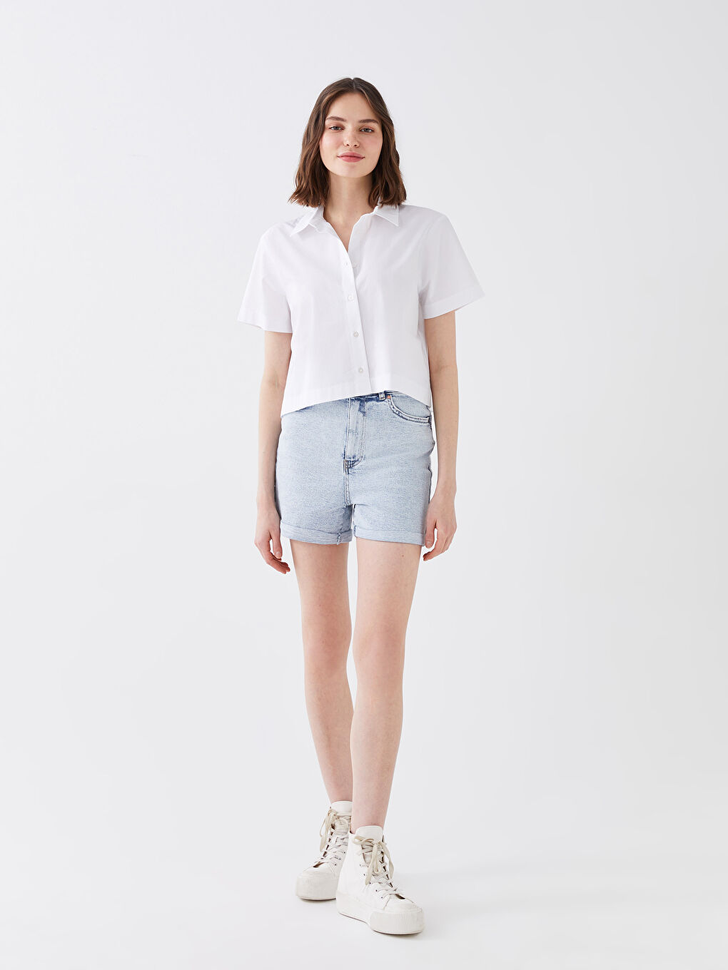 Cămașă Poplin Simplă pentru Femei cu Nasturi în Față-2